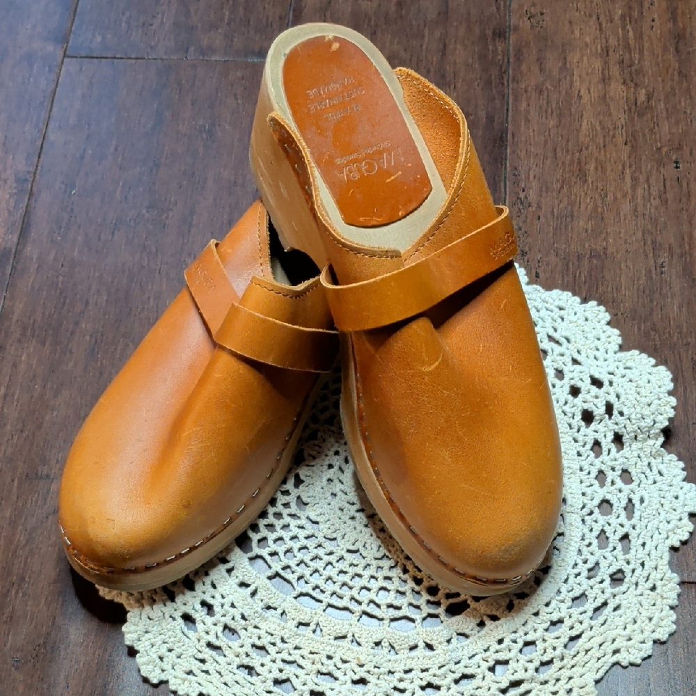 Leather Slip-On Clog Mules in Cognac Brown
